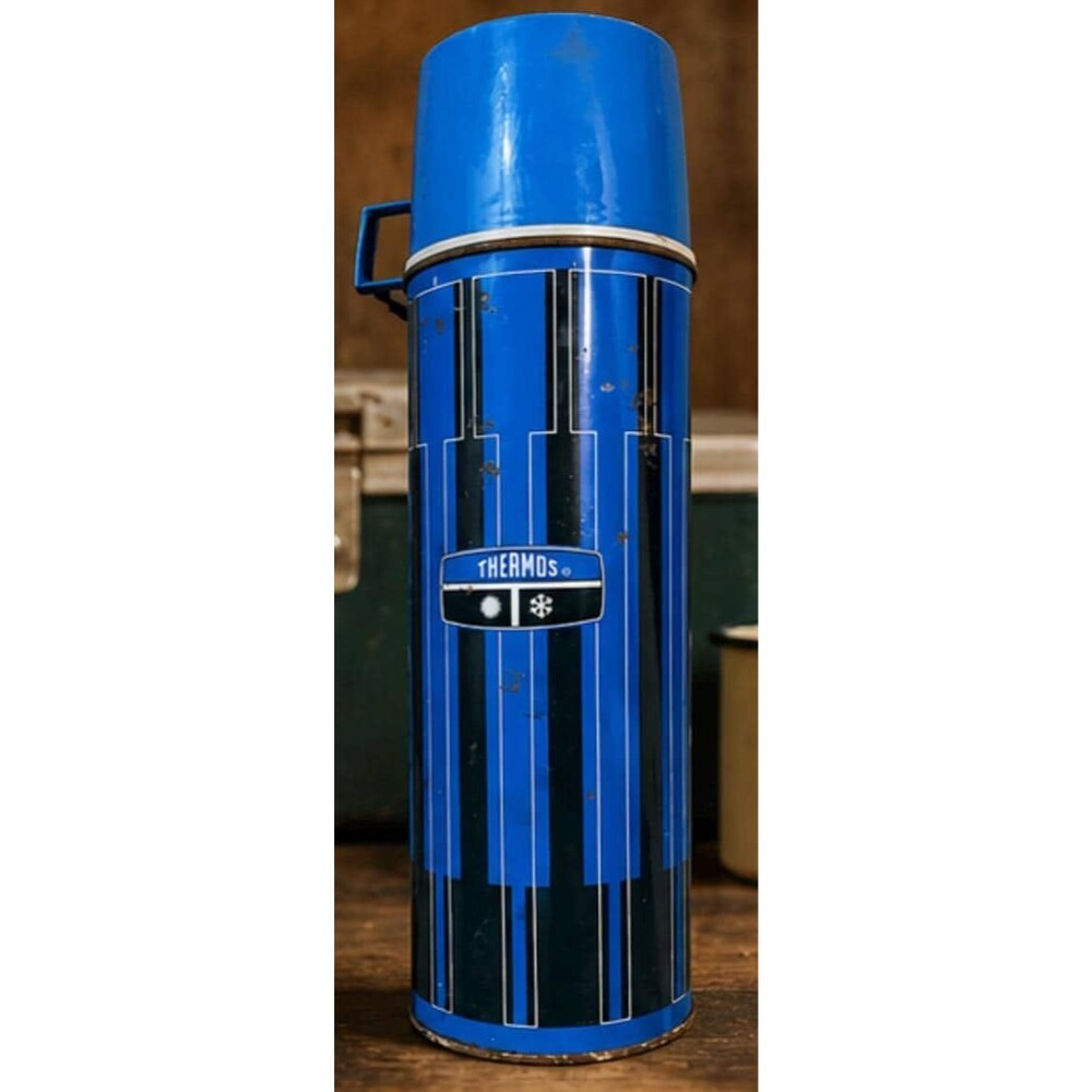 Vintage Blue Thermos Vacuum Bottle Mid Century Camping Coffee Flask